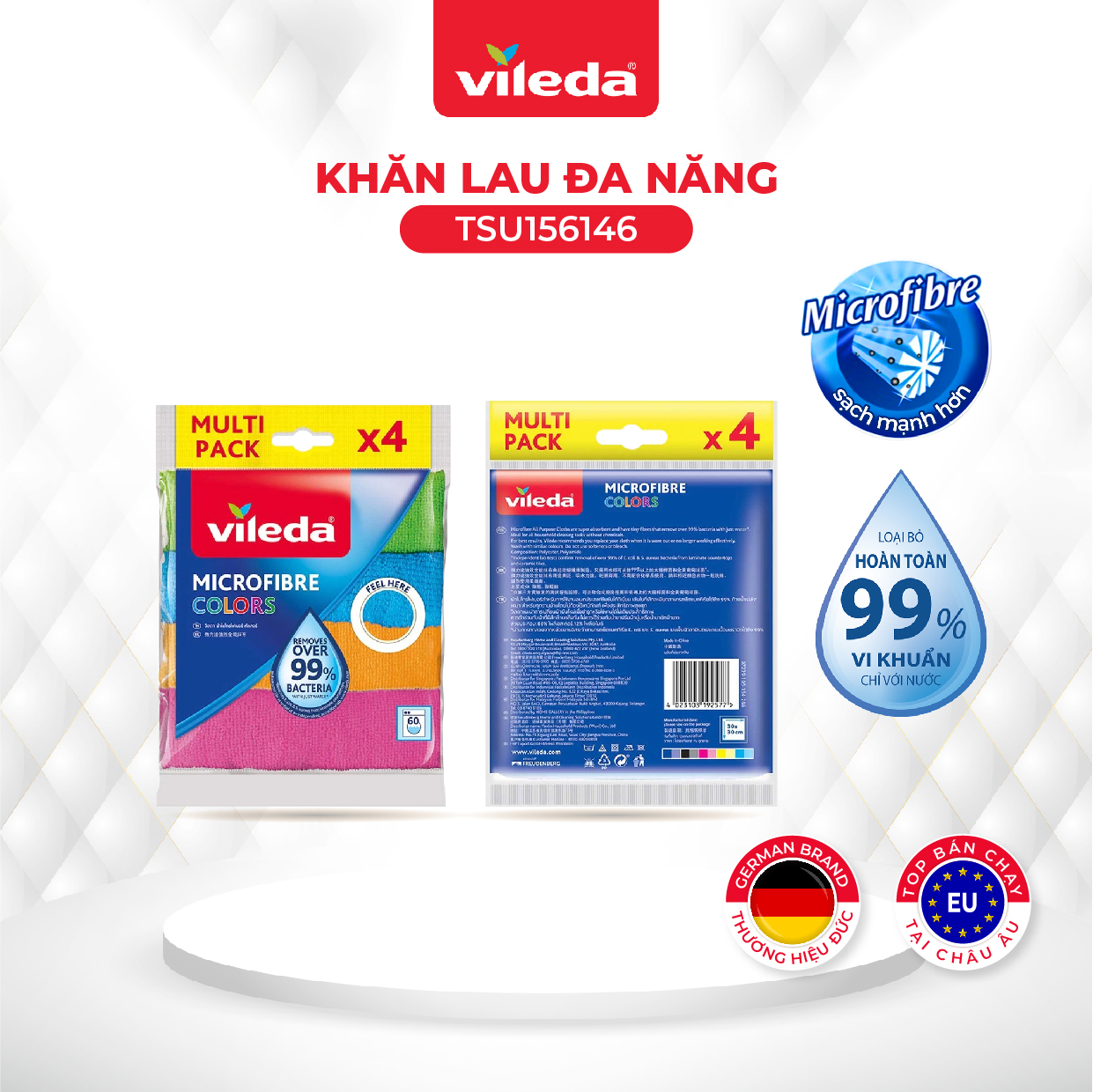 Khăn lau đa năng VILEDA sợi microfibre thấm hút mạnh, gói 4 chiếc -TSU156146
