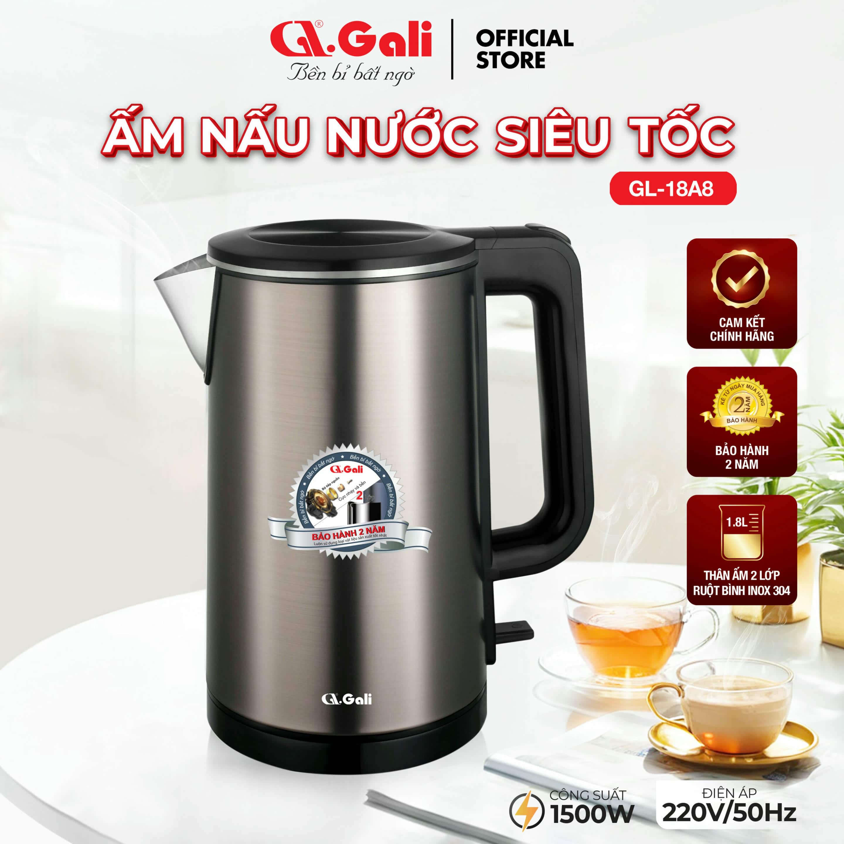 Ấm Siêu Tốc Gali GL-18A8 Thân Ấm Nguyên Khối Inox 304. Thiết kế 2 lớp Chống Nóng. hàng chính hãng, bảo hành 24 tháng