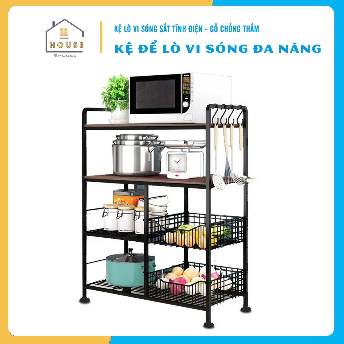 Kệ lò vi sóng đa năng 179-2 thương hiệu 9House kệ bếp để lò nướng nồi cơm điện kèm giá rổ để rau củ gia vị loại khung sắt dày sơn tĩnh điện chống rỉ mặt gỗ MDF lõi xanh chống ẩm bề mặt phủ melamine chống thấm cao cấp - Hàng chính hãng