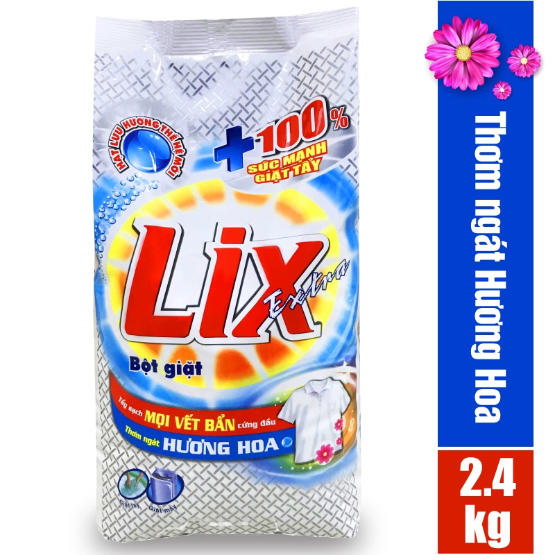 COMBO số 8 gồm Bột giặt Lix extra hương hoa 2.4kg EB247 + Nước rửa chén Lix siêu sạch hương chanh 1.4kg NS140