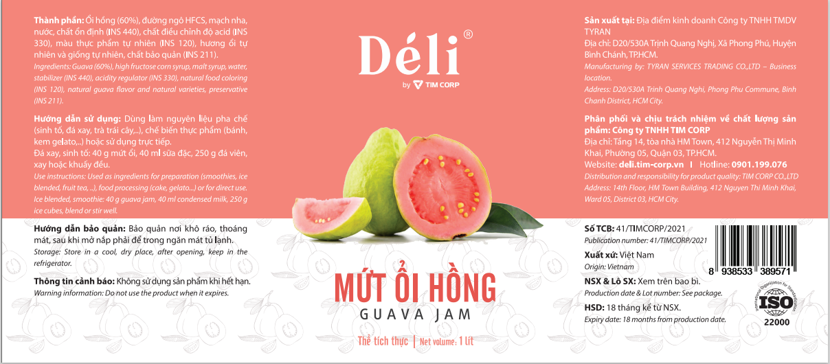 Mứt Ổi Hồng Déli chai 1L [CHUYÊN SỈ] HSD:18 tháng, nguyên liệu pha chế trà trái cây, soda,..