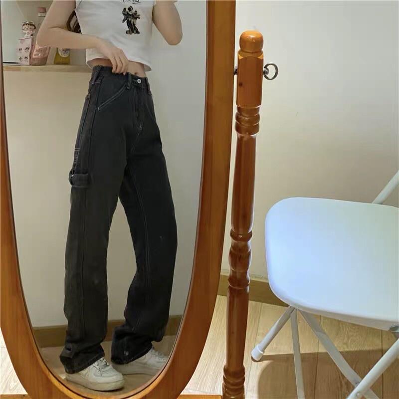 Quần jeans đen xám ống suông dài phong cách retro