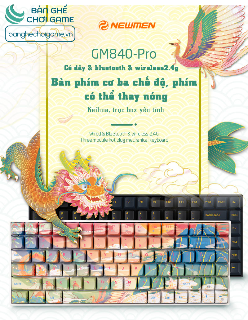 Bàn phím cơ không dây Newmen GM840 Pro Long Phụng - Kailh Box Hush V3 Switch - Hotswap - Hàng chính hãng