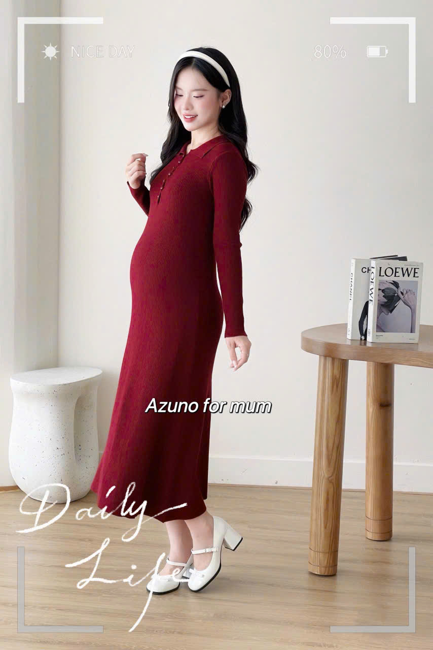 Váy Bầu Len, Đầm Len Bầu Cổ Đức Dáng Body Dài