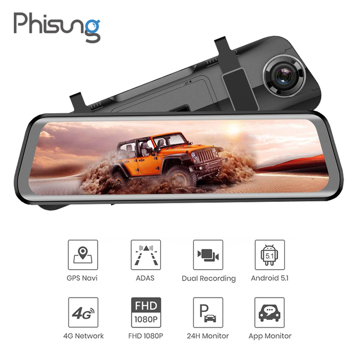 Camera hành trình gương cao cấp Phisung H58 tích hợp 4G, Wifi, GPS, 10 inch, android 5.1 OS,  Bluetooth 4.0, ADAS, WDR, USB 2.0, Chíp MTK6735  + CPU Lõi tứ A53+ 1.3Ghz + Rom 16G + RAM 1GB