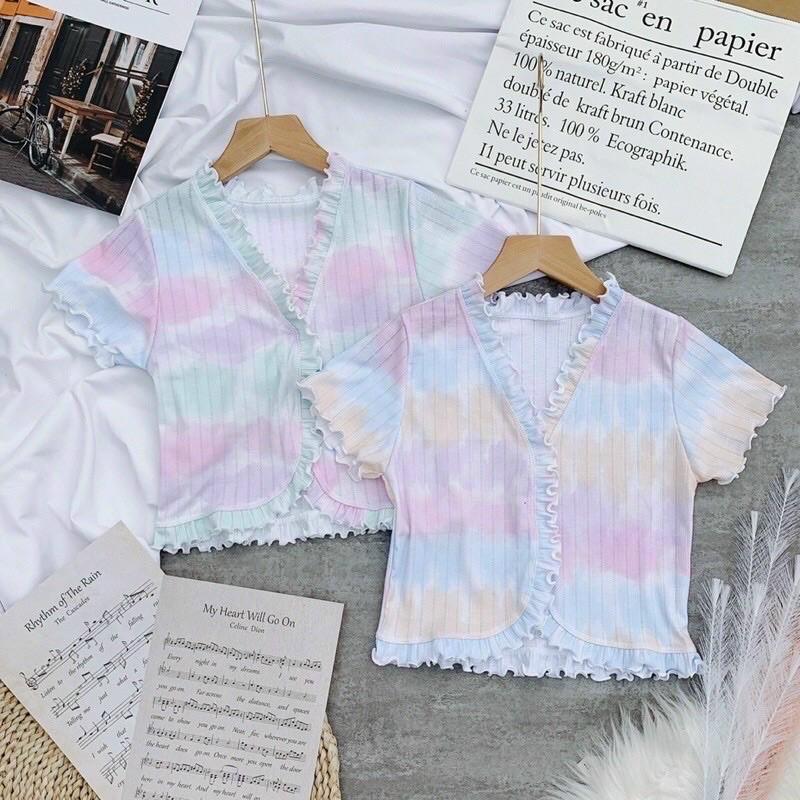 Áo croptop loang màu viền bèo chất thun gân sieu xinh xuất sắc