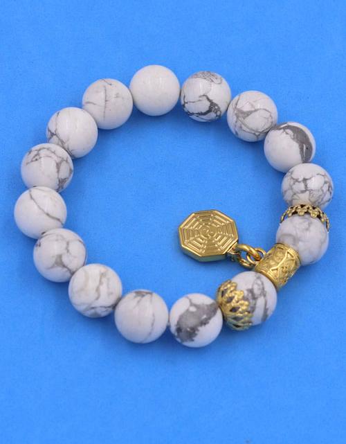 Chuỗi vòng tay Đá White Howlite 12 ly - Vòng tay Bát Quái inox vàng VHWLBQHKV12 - hợp mệnh Kim, mệnh Thủy