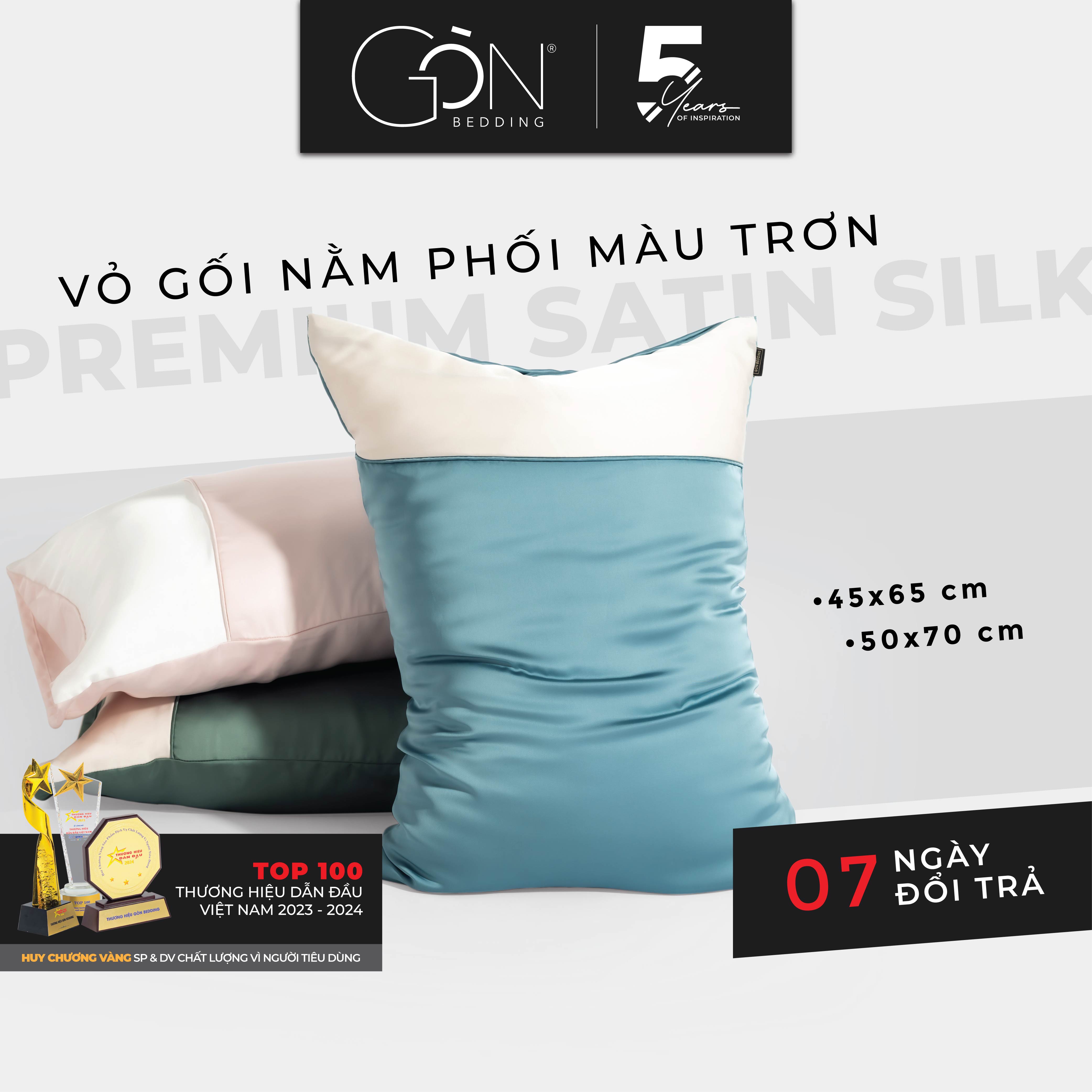 Vỏ Gối Nằm Gòn Bedding Lụa Satin Premium Cao Cấp Phối 2 Màu Trơn 50x70 cm