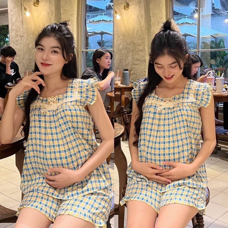 Đồ bộ bầu Đùi Tay Bèo vải tôn 2 da mềm mát quần có chun điều chỉnh - Vàng