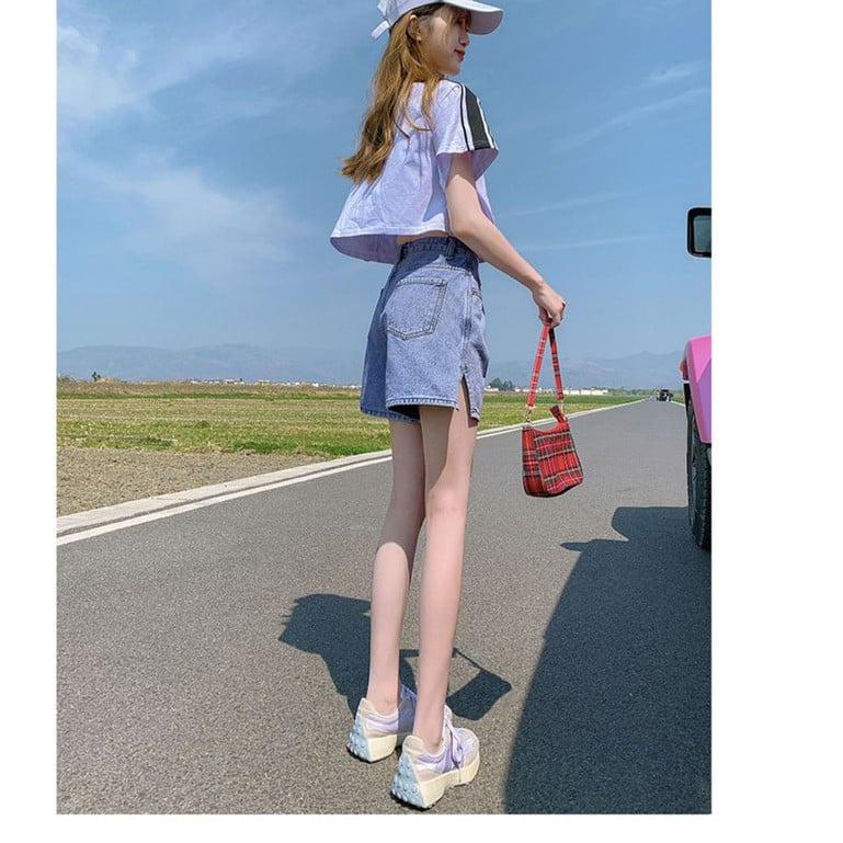 Quần short cạp cao sẻ V sườn
