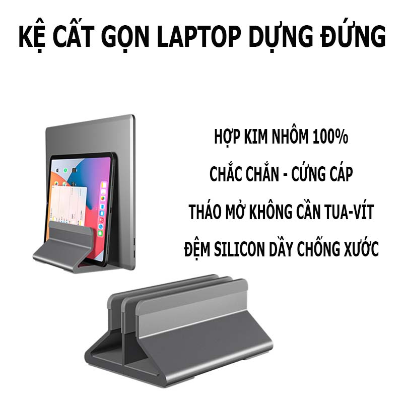 Đế Lưu Trữ Đứng Để Bàn Laptop Máy Tính Xách Tay, Hợp Kim Nhôm 100%; Chiều Rộng Giá Đỡ Có Thể Điều Chỉnh - Hàng Nhập Khẩu