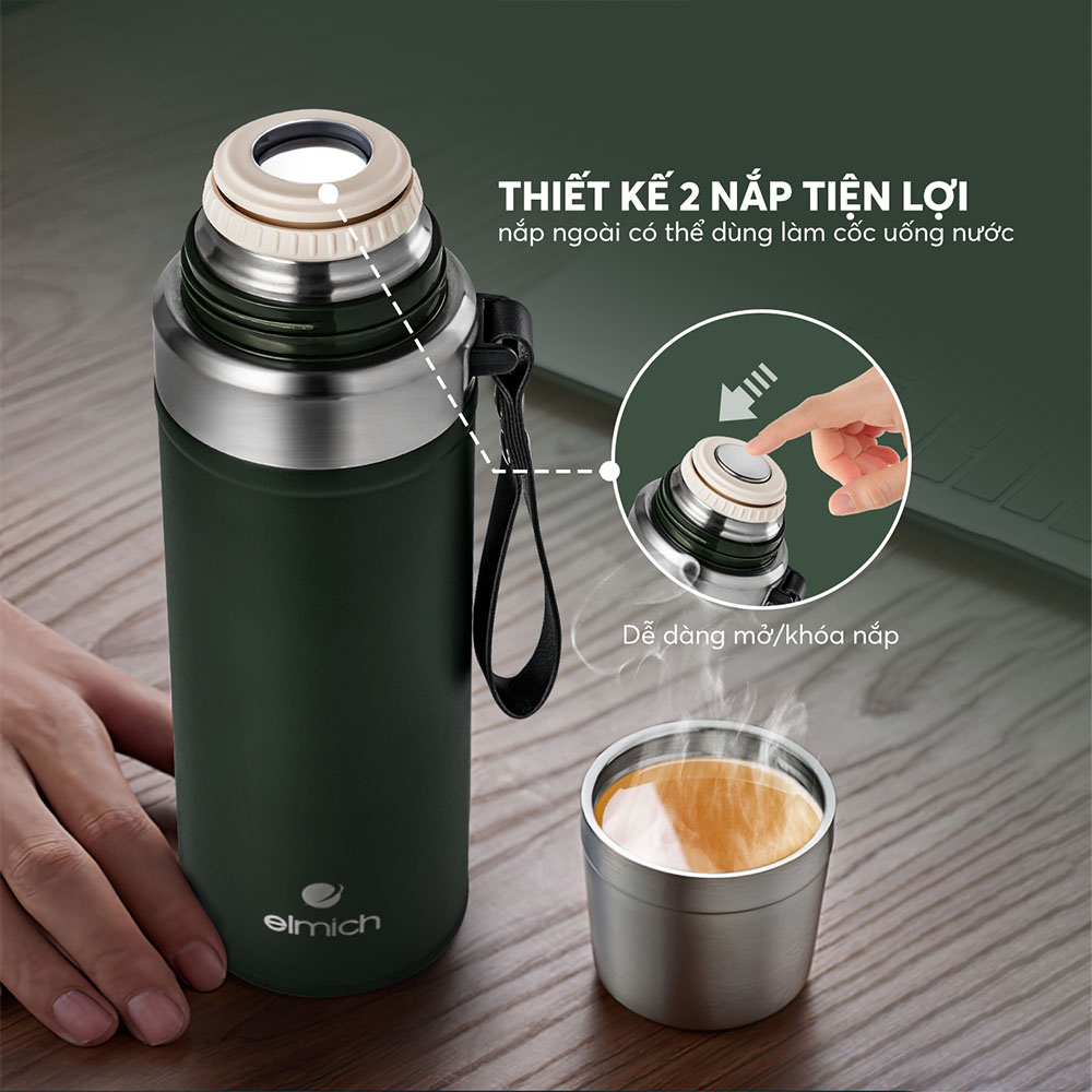 Bình giữ nhiệt inox 316 Elmich EL8311 800ml, Hàng chính hãng, thiết kế 2 nắp, miệng bình rộng, giữ nóng lạnh - JoyMall