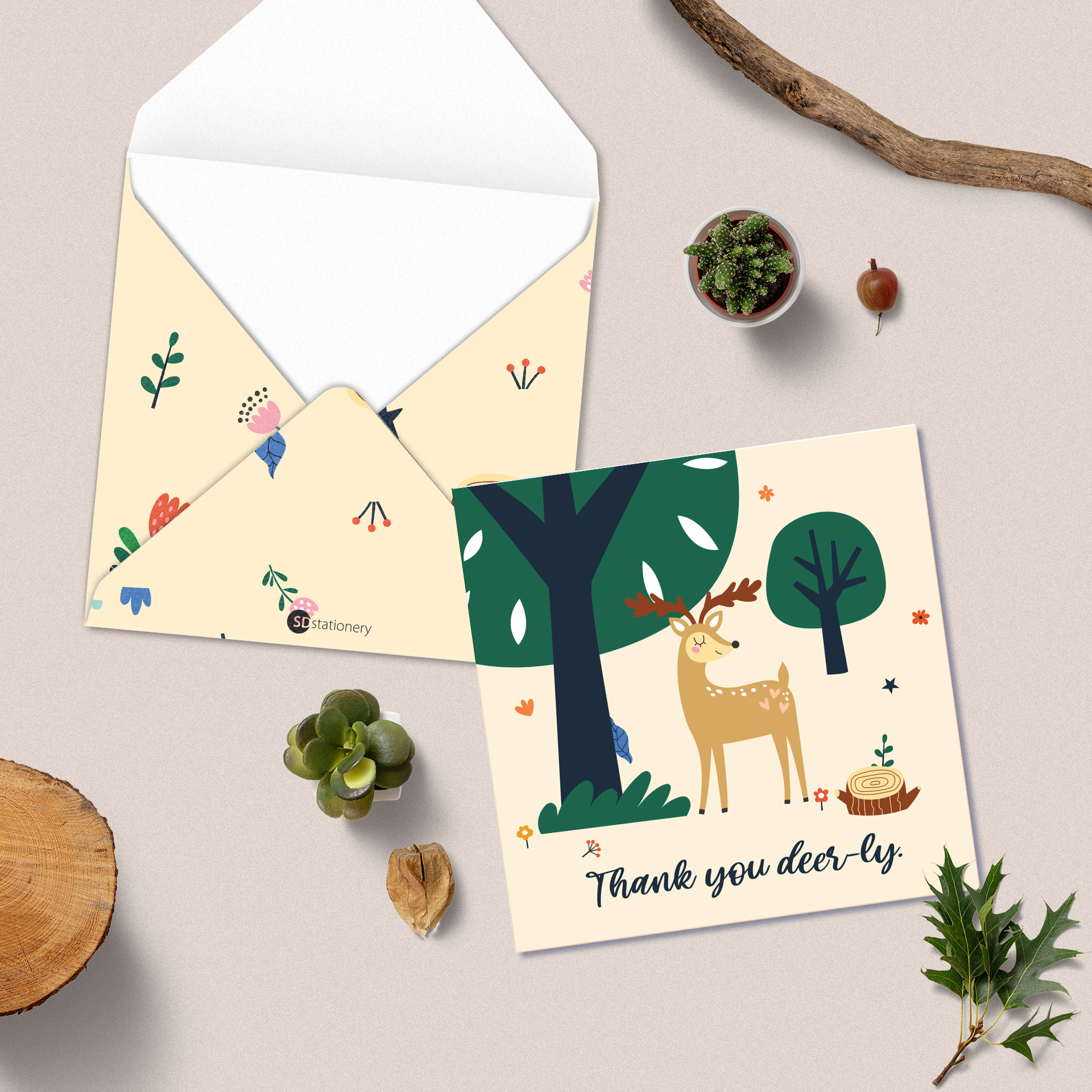 Set 5 thiệp cảm ơn, xin lỗi, chúc mừng, động viên SDstationery Forest minh họa con vật dễ thương, thông điệp ý nghĩa 12x12cm