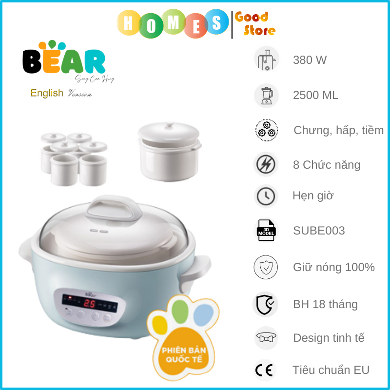 Nồi Chưng Yến, Nồi Nấu Cháo, Nồi Nấu Chậm BEAR SUBE003/ DDZ-C25R6/ DDZ-B25Q3 Bản Tiếng Anh Có Lồng Hấp Tự Động Hoàn Toàn Chống Trào, Chống Cháy Dung Tích 2.5 Lít - Hàng Chính Hãng