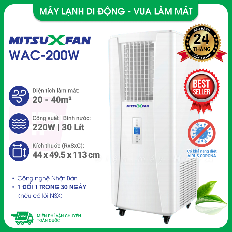 [MIỄN PHÍ VẬN CHUYỂN] Máy Lạnh Hơi Nước Di Động Cao Cấp MitsuXFan WAC-200W / WAC-200G, Diện tích 20-40m², Giảm đến 16°C, Siêu tiết kiệm đến 85% điện năng, Có khả năng diệt Virus, Giao toàn quốc - Hàng Chính Hãng