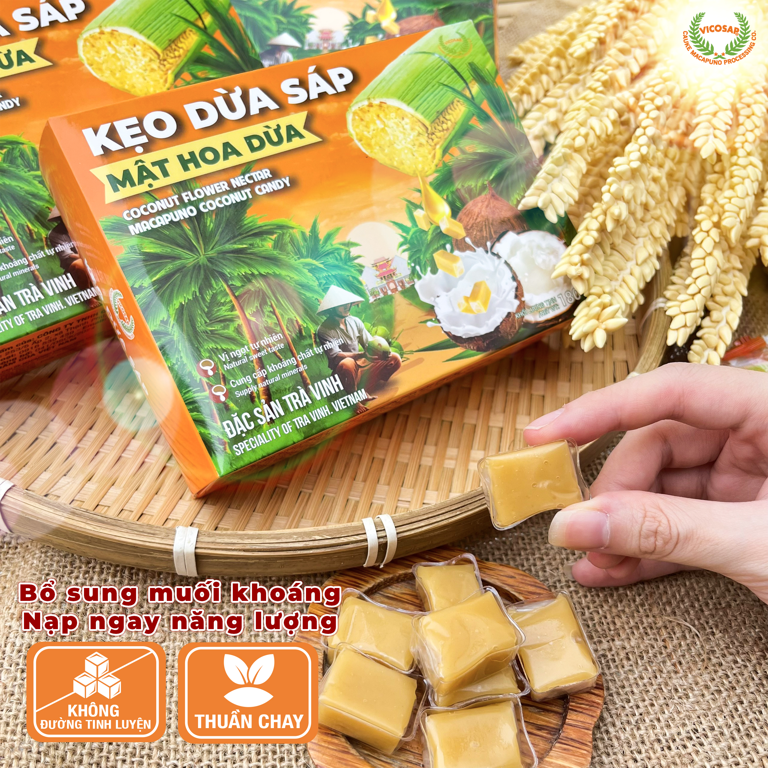 Kẹo dừa sáp VICOSAP mật hoa dừa không đường đồ ăn vặt healthy kẹo mềm dẻo đặc sản Trà Vinh