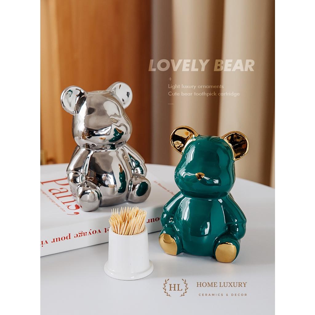 Lọ Đựng Tăm Hình Gấu Bearbrick Cao Cấp Vàng Kim 2023 | Hũ sứ có nắp đậy đựng tăm chất liệu sứ điểm vàng kim hình Gấu