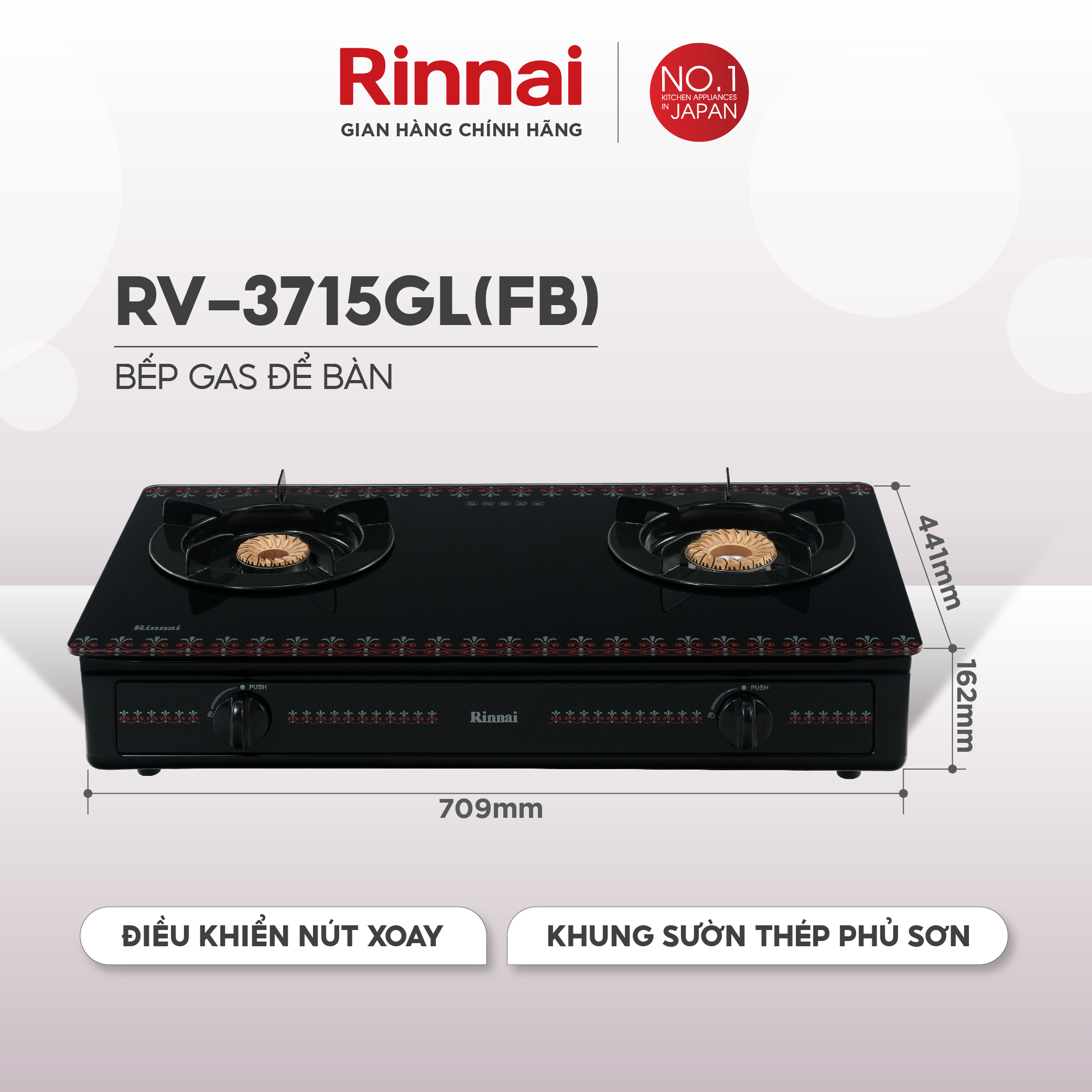 Bếp gas dương Rinnai RV-3715GL(FB) mặt bếp kính và kiềng bếp men - Hàng chính hãng.