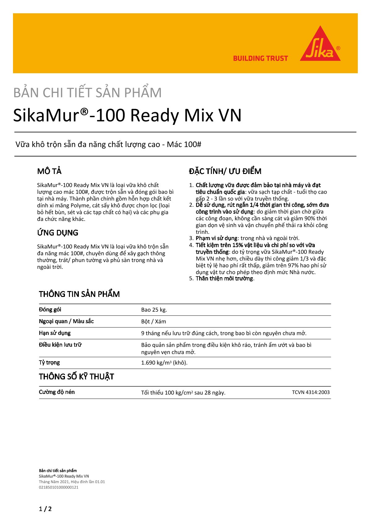 Vữa xây tô trộn sẵn SikaMur 100 Ready Mix VN – Mác 100