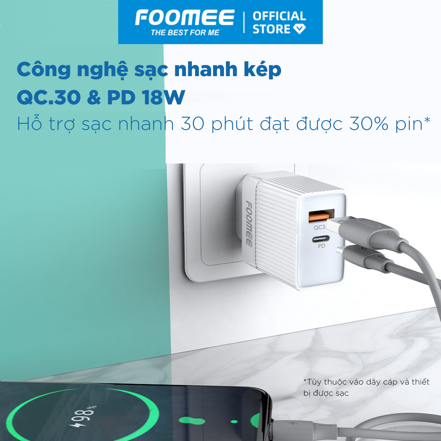 Củ sạc QC+PD18W FOOMEE CQ20 - Màu Trắng/Đen - Sạc Nhanh 3A 18W - Hàng chính hãng