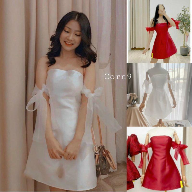 ĐẦM ĐỎ TRỄ VAI CÚP NGỰC TAY VOAN NƠ