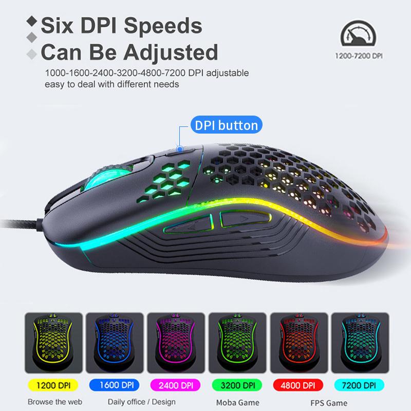 Nhẹ RGB Chuột Chơi Game 7200DPI Tổ Ong Vỏ Công Thái Chuột Cực Dệt Dây Cáp Cho Máy Tính Game Thủ Máy Tính Để Bàn PC