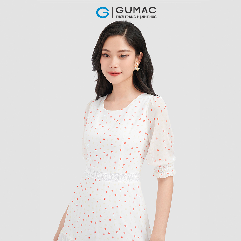 Đầm form A GUMAC DC09079 họa tiết hoa phối đăng ten dễ thương