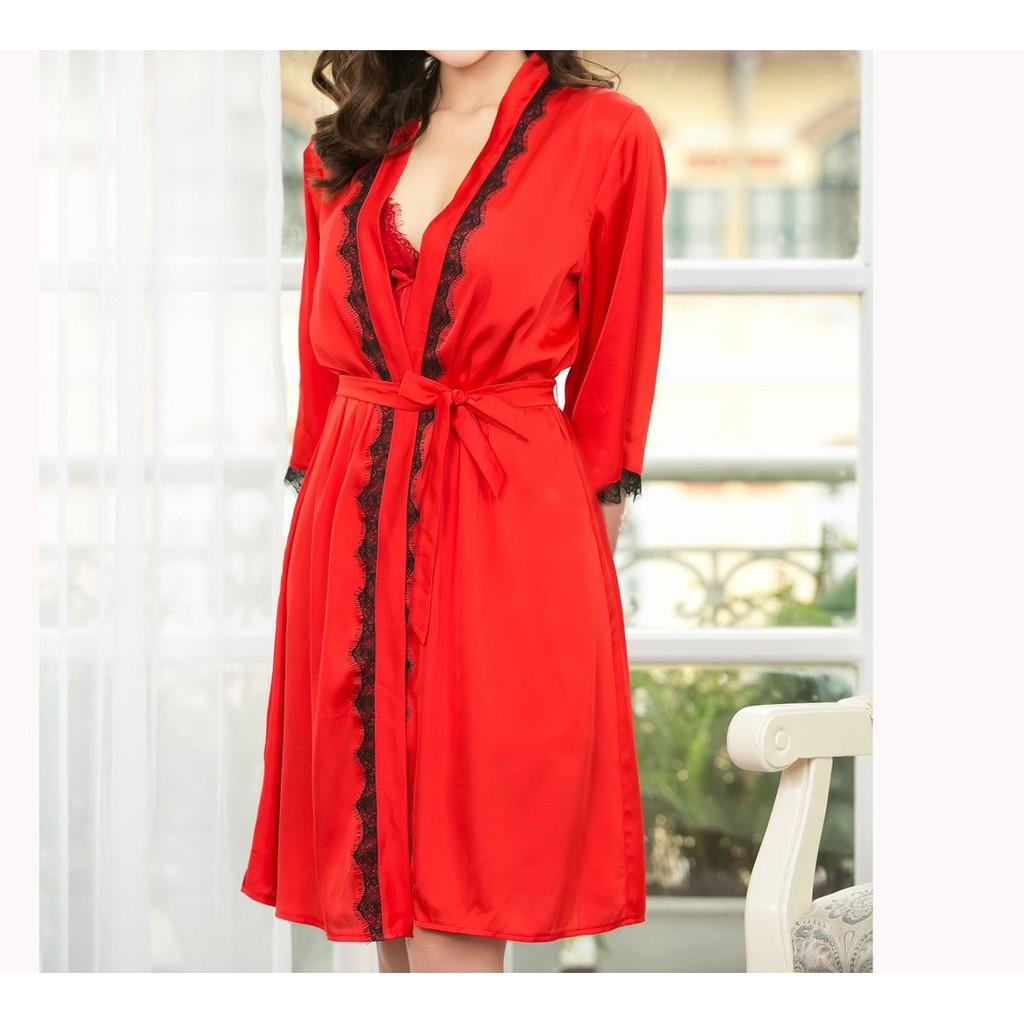Áo choàng lụa mặc nhà phối ren mềm mịn mát sang trọng tặng kèm đai áo-Màu đỏ tươi Freesize dưới 70kg