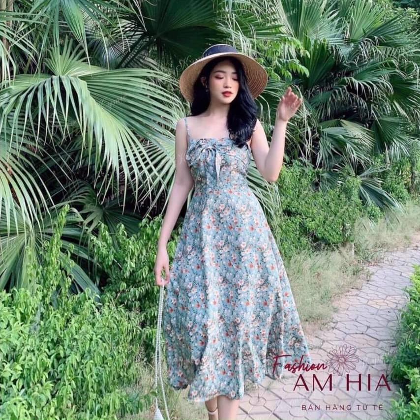 Váy đầm nữ hai dây họa tiết hoa nhí dáng dài AM