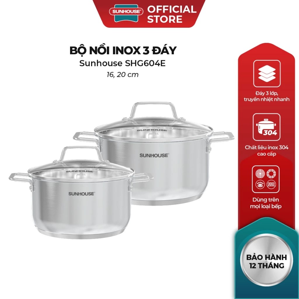 Bộ nồi chống dính đáy từ Sunhouse SHG604E Inox 304 - Bộ 2 nồi size 16/20cm - Công nghệ đáy từ Impact Bonding - Hàng chính hãng