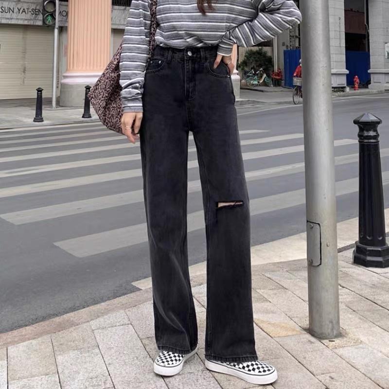 Quần Denim Jean Ống Suông Nam Nữ Đen Pha Rách Gối Xẻ Lưng Cao