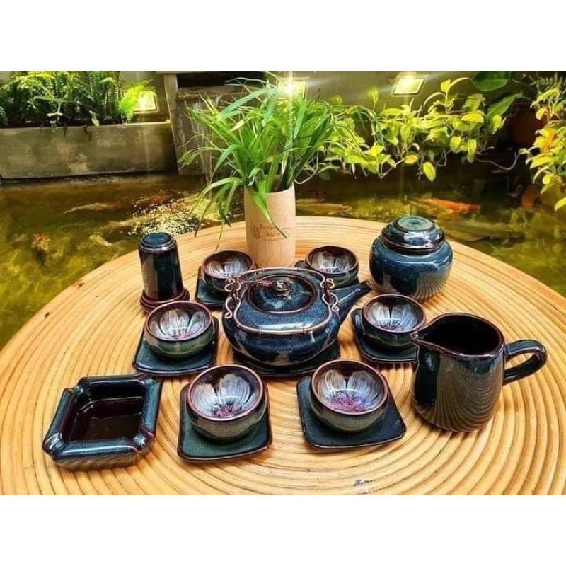 Bộ ấm trà men hỏa biến, lòng chén vẽ hoa. Gốm Bát Tràng cao cấp.