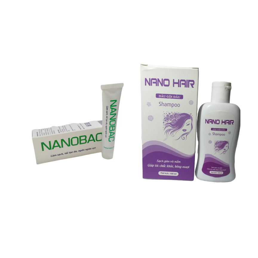 [BỘ SẢN PHẨM] Gel bôi Nano Bạc làm sạch da, mờ sẹo và thâm do mụn- tuýp 20g &amp; Dầu gội ngừa gàu và nấm da đầu NANO HAIR giúp tóc sạch gàu và chắc khỏe chai 100ml, hàng chính hãng