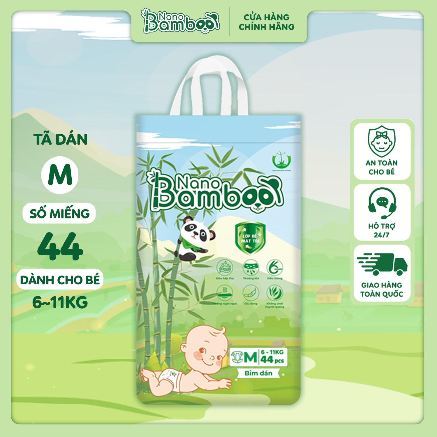 [Chính Hãng][Ảnh Thật] Tã/Bỉm Dán Nano Bamboo sợi tre thiên nhiên size M (6-11 kg) 56 miếng