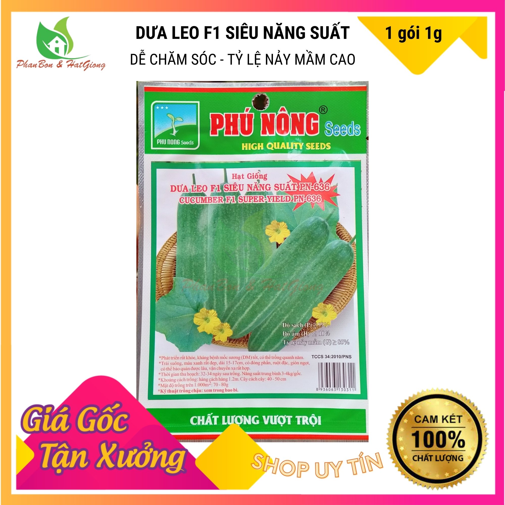 Hạt Giống Dưa Leo F1 SIêu Năng Suất Qủa To, Giòn Ngọt - Phú Nông Seeds - Shop Phân Bón và Hạt Giống