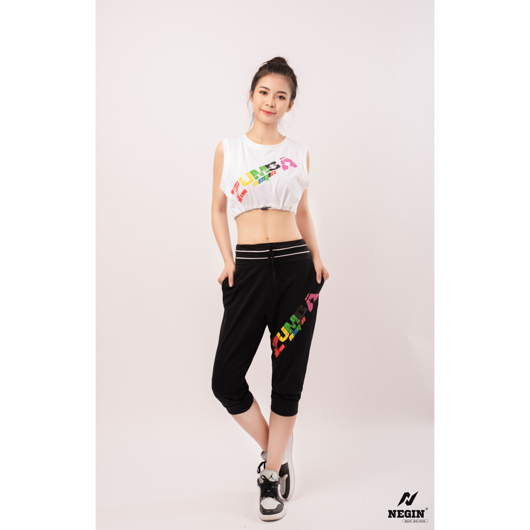 Bộ Đồ Tập Zumba NEGIN Dáng Lỡ Áo Croptop Ba Lỗ Và Quần Ngố Bo Gấu, Chất Liệu 100% Cotton Cao Cấp Thấm Hút Mồ Hôi