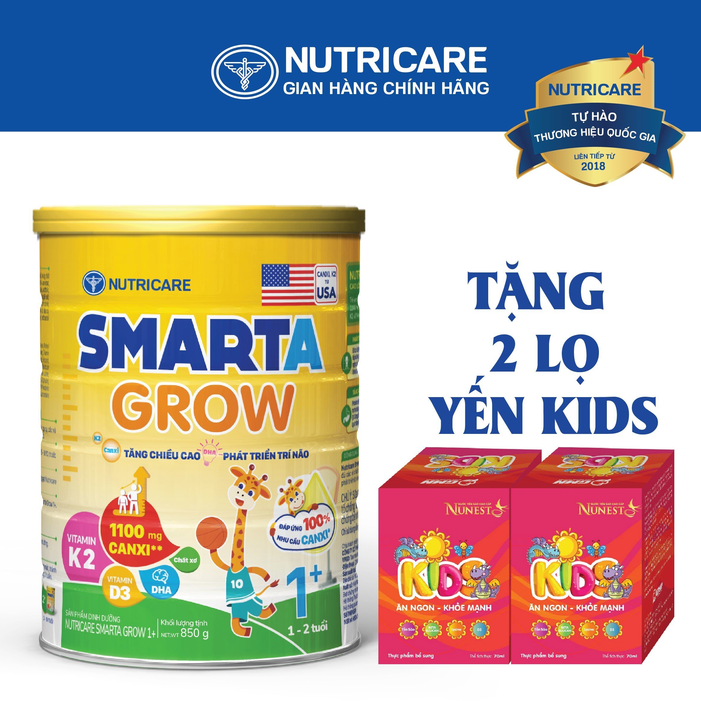 [Tặng 2 lọ yến] Sữa bột Nutricare Smarta Grow 1+ dinh dưỡng cho trẻ thấp còi 850g