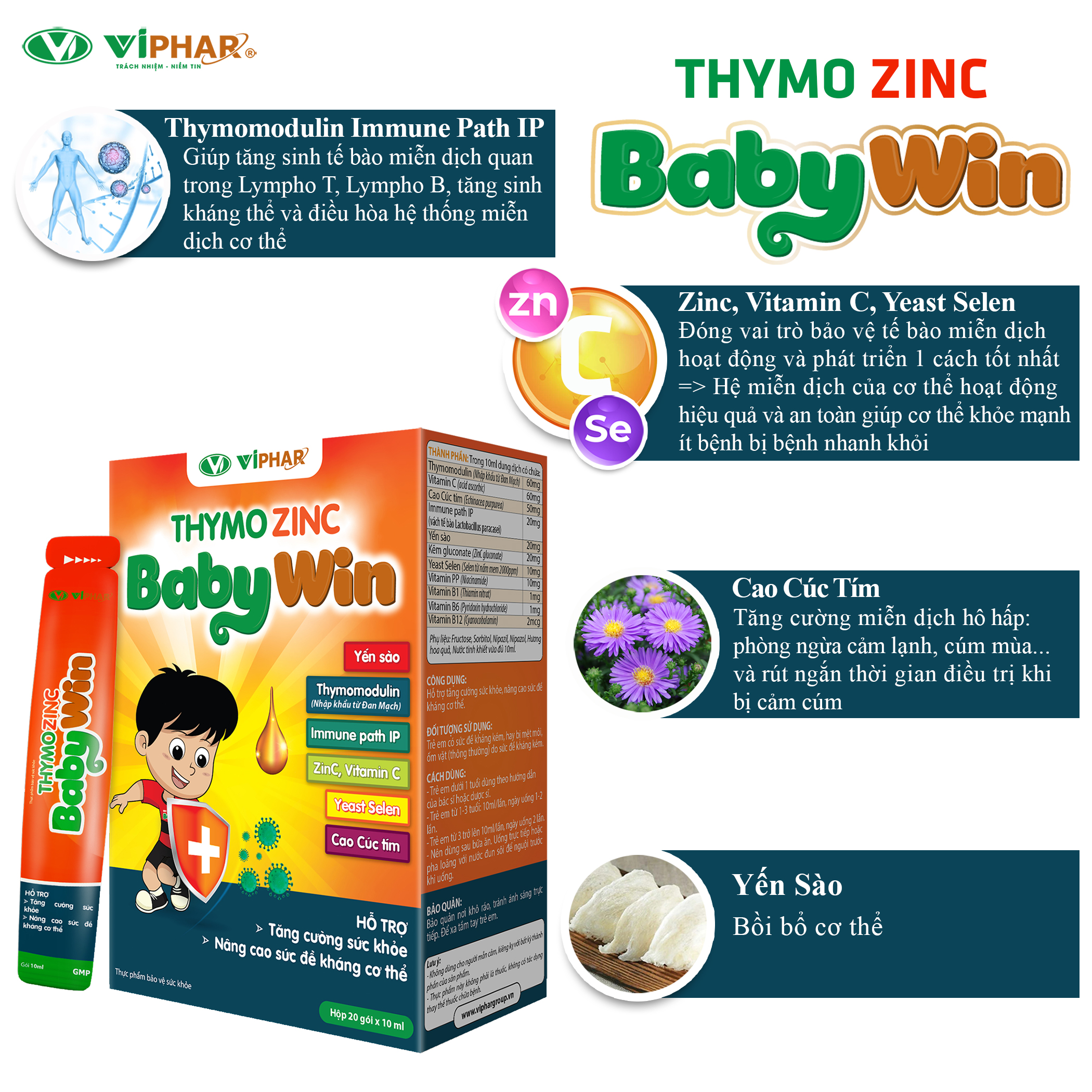 Siro Tăng Sức Đề Kháng Cho Bé Thymozinc Babywin VIPHAR Hộp 20 Gói 10ml