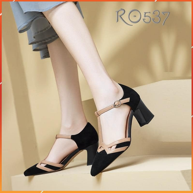 Giày cao gót nữ đẹp đế vuông 5 phân hàng hiệu rosata bít mũi màu đen ro537