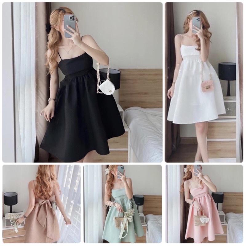 Đầm babydoll 2 dây xếp ngực dài 95cm cột nơ lưng chất xốp mềm , váy babydoll dáng xoè 2 dây xinh xỉu