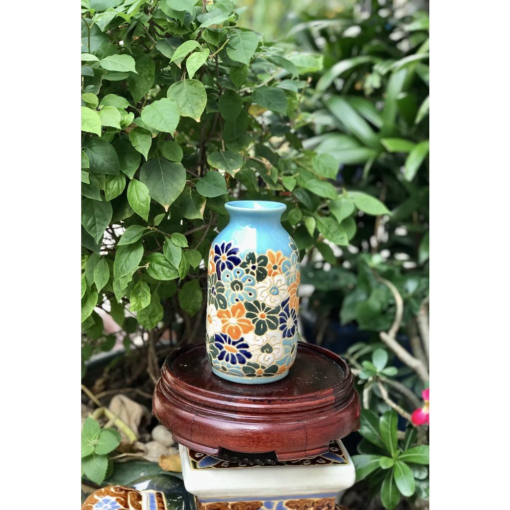 BÌNH BÁCH HOA MIỆNG XANH DƯƠNG THON GỐM NAM BỘ TRANG TRÍ DECOR,BÌNH CẤM HOA