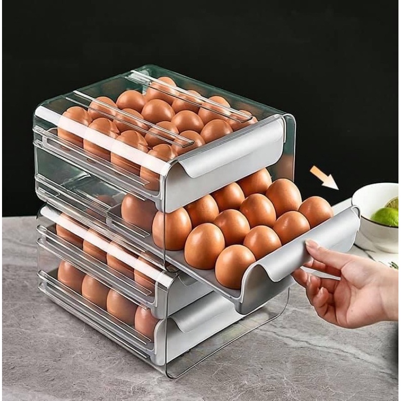 Hộp để và bảo quản trứng gà 2 tầng ngăn kéo ra vào dễ dàng lấy và sắp xếp trong tủ lạnh - Khay đựng trứng 32 ô bằng nhựa trong suốt kiểu dáng hiện đại, sang trọng KHUYẾN MÃI