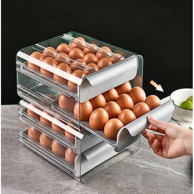 Hộp nhựa thoáng khí đựng trứng 2 tầng kiểu dáng ngăn kéo thiết kế trong suốt quan sát dễ dàng bên trong hộp - Khay đựng trứng 2 tầng 32 ô bằng nhựa để trong tủ lạnh