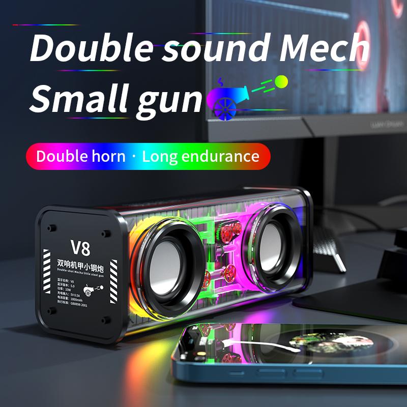 2023 Mới V8 Loa cơ hai sừng trong suốt Loa siêu trầm di động ngoài trời Bass Loa BT 5.0 không dây có đèn LED RGB Màu sắc: Đen