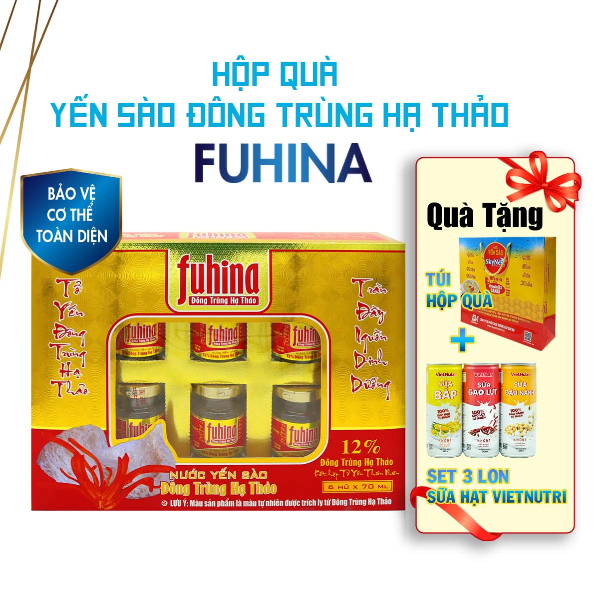 Hình ảnh [Hộp Quà - 6 lọ x 70ml] Nước yến sào Đông Trùng Hạ Thảo FUHINA 12%, không chất bảo quản, Tăng cường sinh lực và phục hồi sức khỏe người bệnh