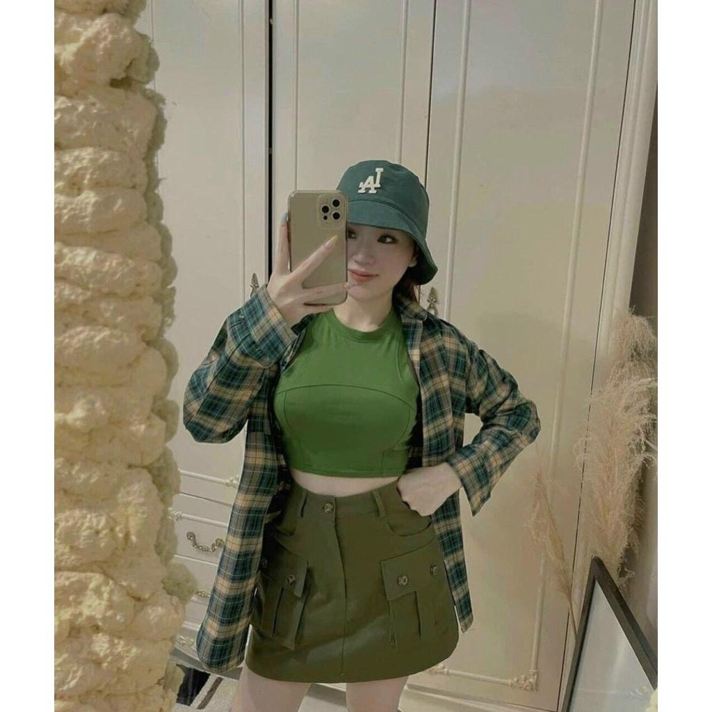SET BỘ 3 MÓN ÁO BA LỖ CROPTOP MIX CHÂN VÁY KÈM ÁO KHOÁC SƠ MI CARO TAY DÀI CỰC NĂNG ĐỘNG