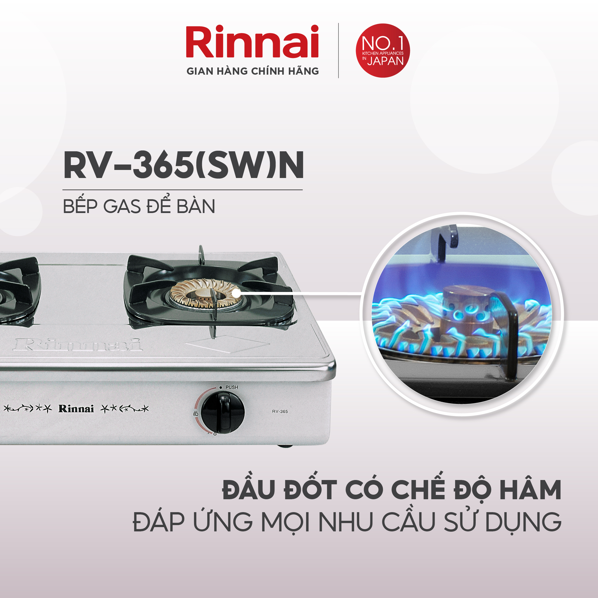 Bếp gas dương Rinnai RV-365N mặt bếp inox và kiềng bếp men - Hàng chính hãng.