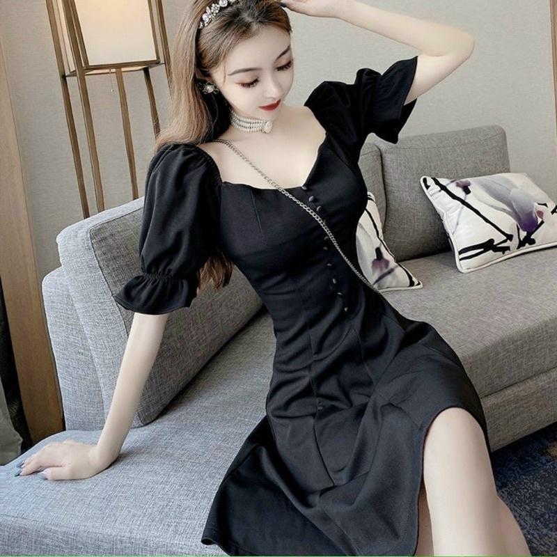 ĐẦM ĐI TIỆC Đầm váy cổ vuông nút bọc 2 màu