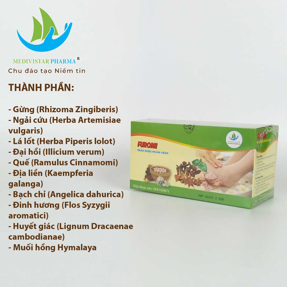 Thảo Dược ngâm chân túi lọc FUROMI dành cho người đau khớp, mất ngủ, gout, khử mùi hôi chân, Người lạnh chân tay, buồn buốt, tê cứng, Người hay mệt mỏi, đau đầu, stress, mất ngủ (Hộp 20 túi lọc 5g)