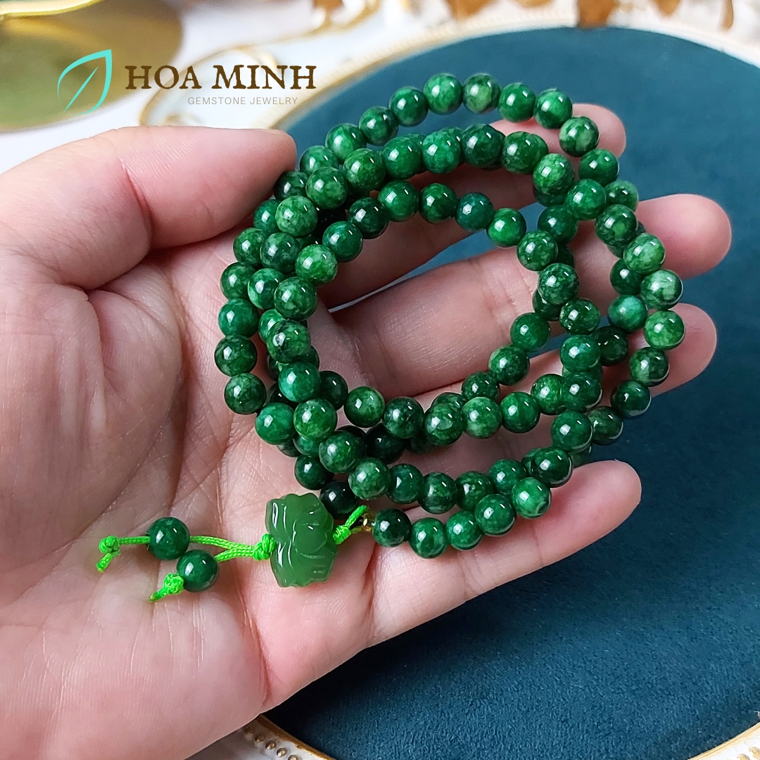 Vòng tay chuỗi 108 hạt Cẩm Thạch Sơn Thủy size 6 li phối charm hoa sen mã não, phong thủy bình an may mắn không kén mệnh